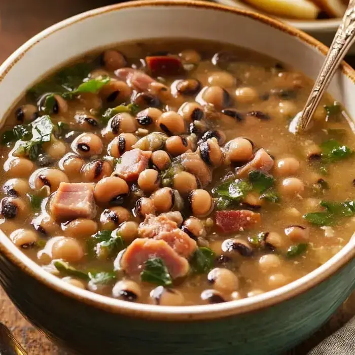 A bowl of black-eyed pea soup with pieces of ham and greens in a savory broth.