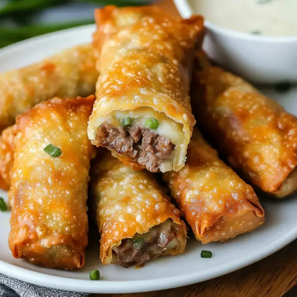 A plate of golden-brown, crispy egg rolls filled with beef and green onions, accompanied by a small bowl of dipping sauce.