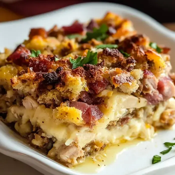 A serving of layered casserole with chicken, crispy bacon, and stuffing, garnished with fresh parsley.