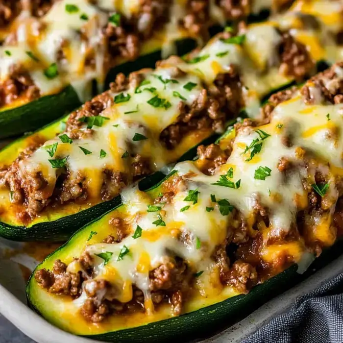 Baked zucchini boats filled with seasoned ground meat and topped with melted cheese and parsley.