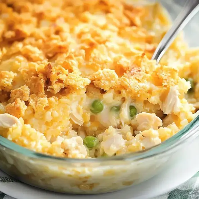 A close-up of a creamy chicken and rice casserole topped with crispy bread crumbs and mixed with peas.