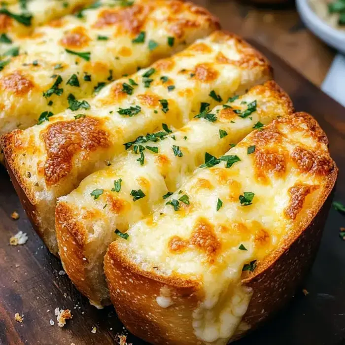 A loaf of bread topped with melted cheese and garnished with parsley, served on a wooden board.