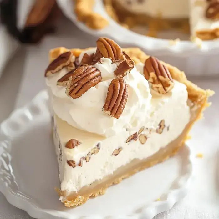 A slice of pecan pie topped with whipped cream and pecan halves on a decorative plate.