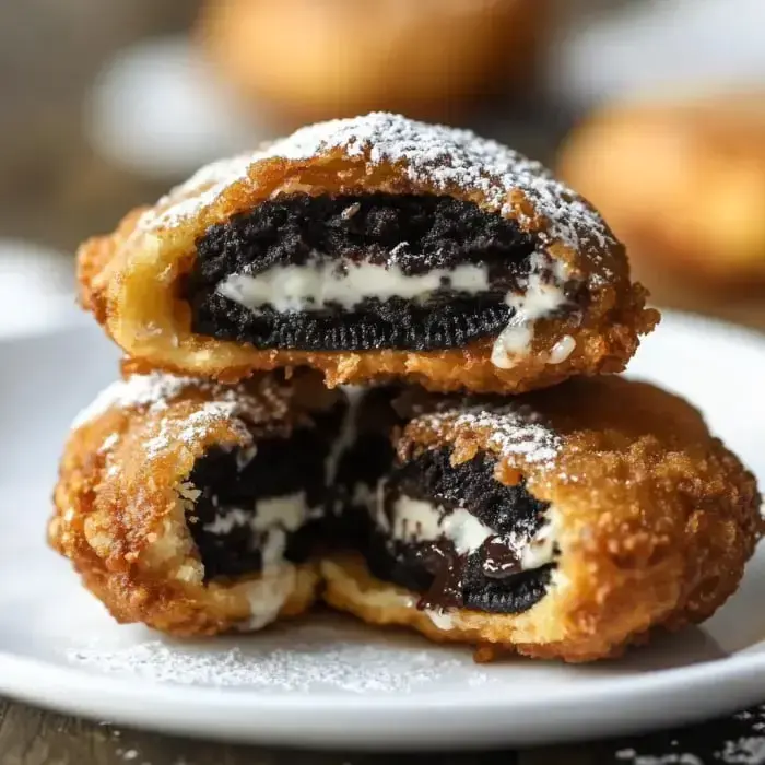 A plate holds two halved, deep-fried Oreos dusted with powdered sugar, revealing their creamy filling and chocolate cookie center.