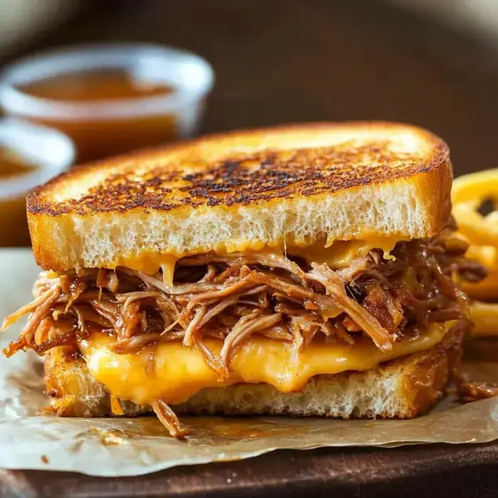 A toasted sandwich filled with pulled pork and melted cheese, served with dipping sauces.