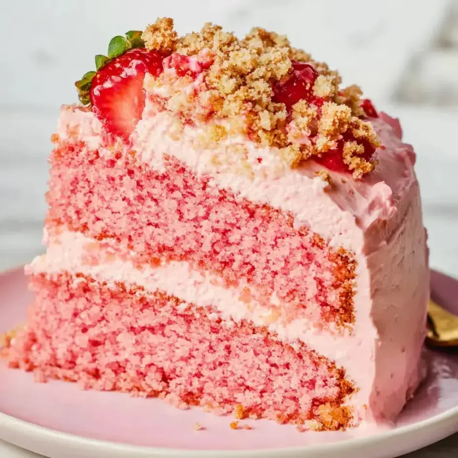 A slice of pink cake layered with cream, topped with crumbled topping and fresh strawberries, served on a plate.