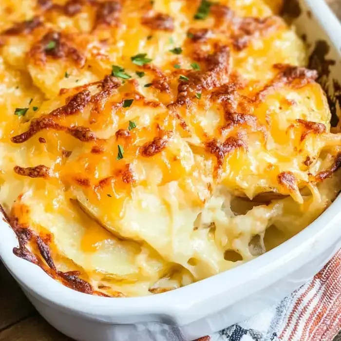 A close-up of a creamy and cheesy potato casserole topped with golden-brown melted cheese and garnished with parsley.