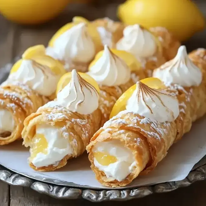 A plate of lemon-filled pastry rolls topped with meringue and garnished with lemon slices.