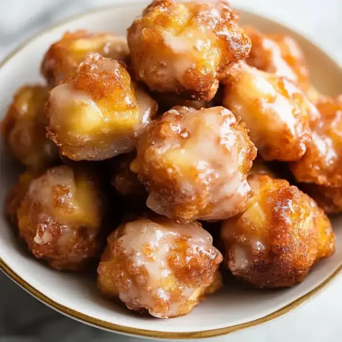 A bowl of golden-brown, glazed doughnut holes piled up with a shiny glaze on top.