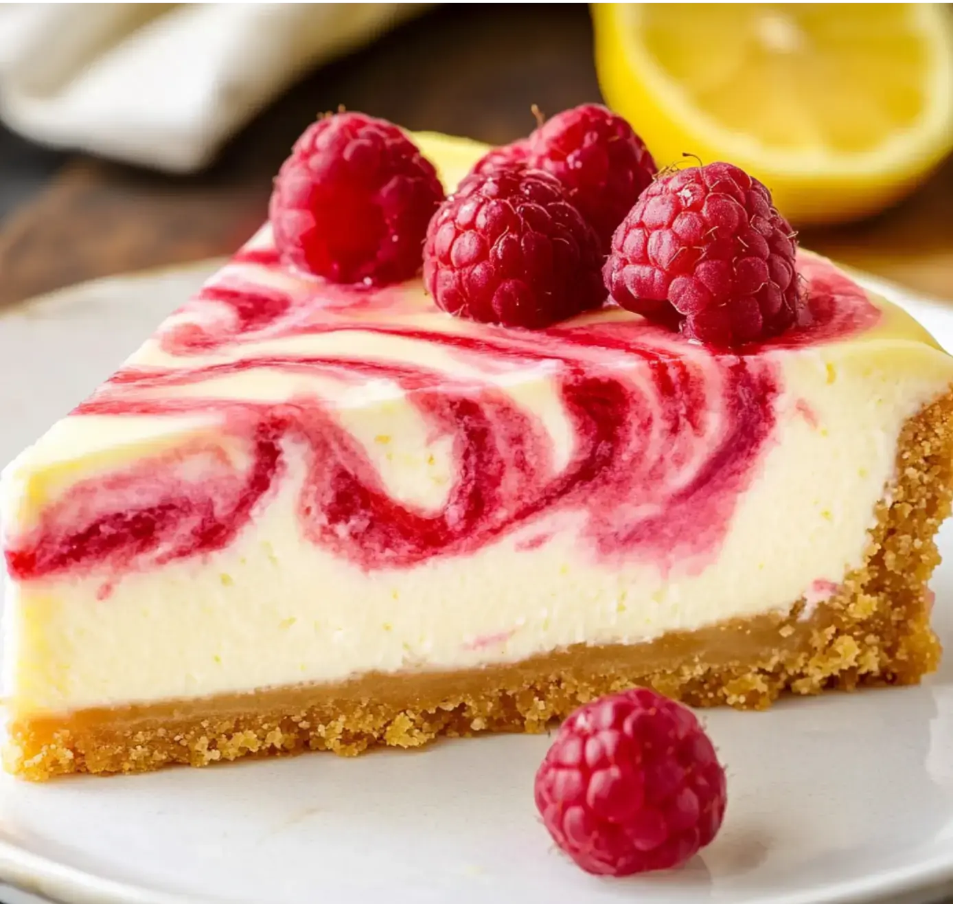 A slice of raspberry swirl cheesecake topped with fresh raspberries, served on a plate, with a lemon in the background.