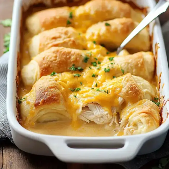 A creamy chicken and cheese casserole topped with golden-brown crescent rolls and garnished with green herbs.