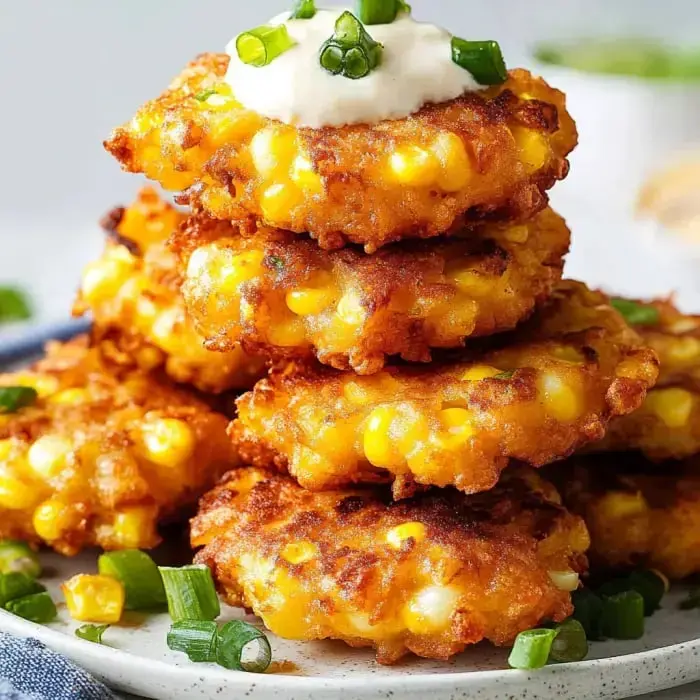 A stack of golden, crispy corn fritters topped with a dollop of sour cream and garnished with chopped green onions.