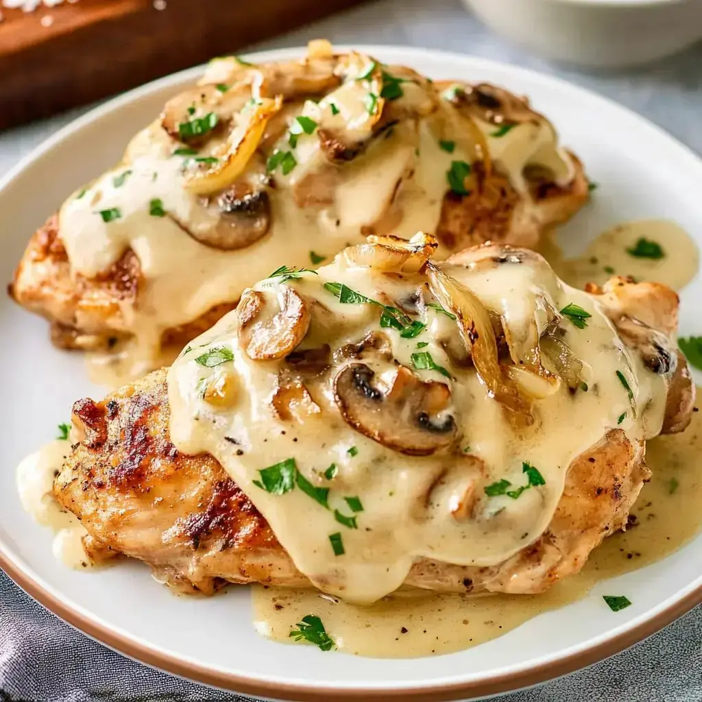 A plate of grilled chicken breasts topped with mushroom sauce, garnished with chopped parsley and onions.