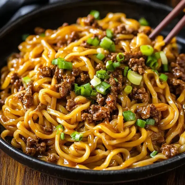 A close-up of a bowl of noodles topped with ground meat and chopped green onions.