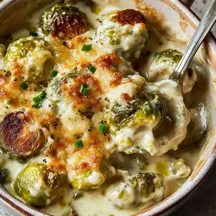 A creamy dish featuring roasted Brussels sprouts topped with melted cheese and garnished with green onions.