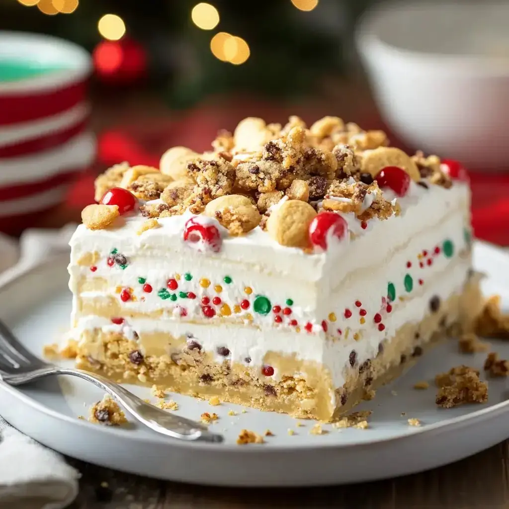 A slice of layered dessert topped with crushed cookies, red cherries, and colorful sprinkles, served on a plate with a fork.