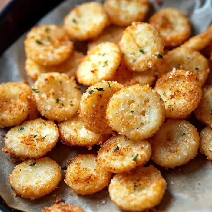 A plate of crispy, golden-brown round potato slices, sprinkled with herbs.