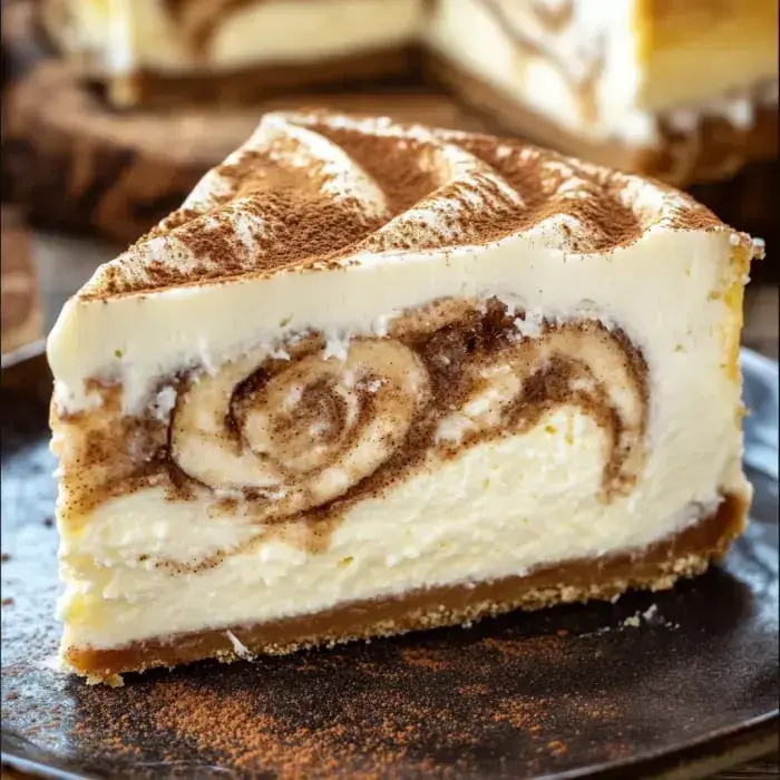 A slice of creamy cheesecake with a swirled chocolate and cinnamon topping on a dark plate.