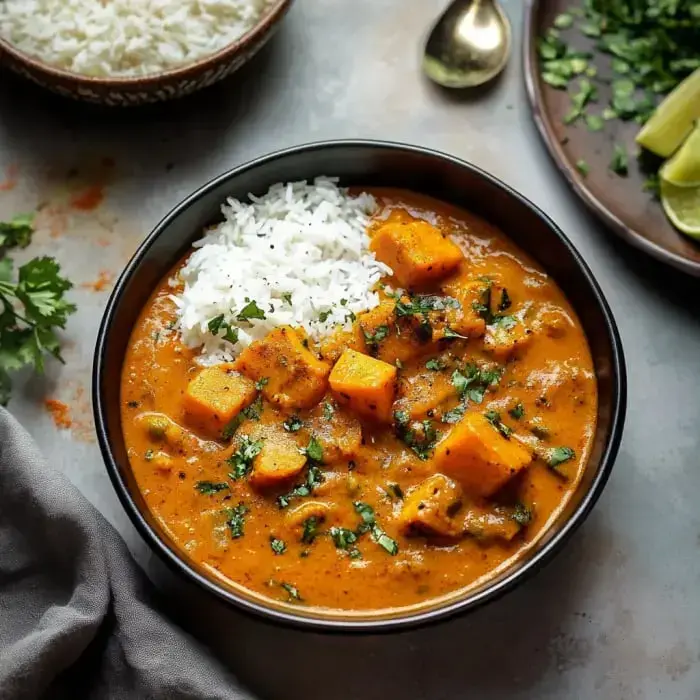 A bowl of creamy curry with diced vegetables and fresh cilantro, served alongside a portion of white rice.