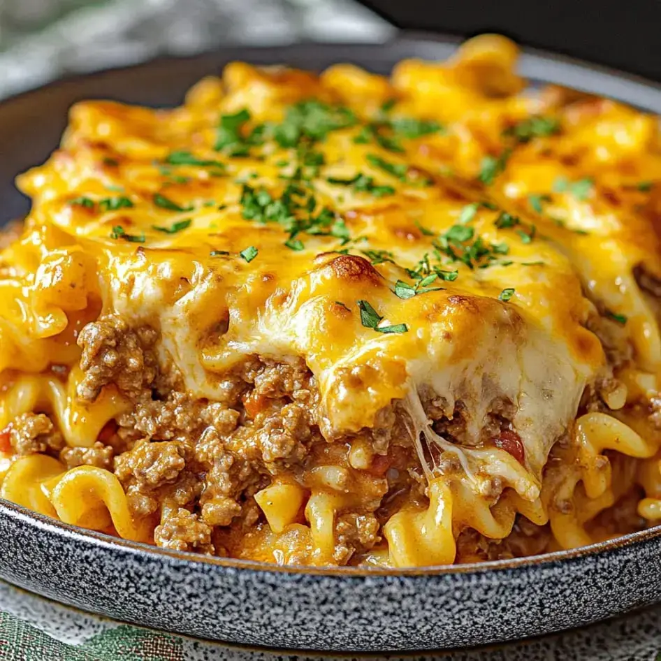 A close-up of a cheesy, baked pasta dish topped with chopped parsley.