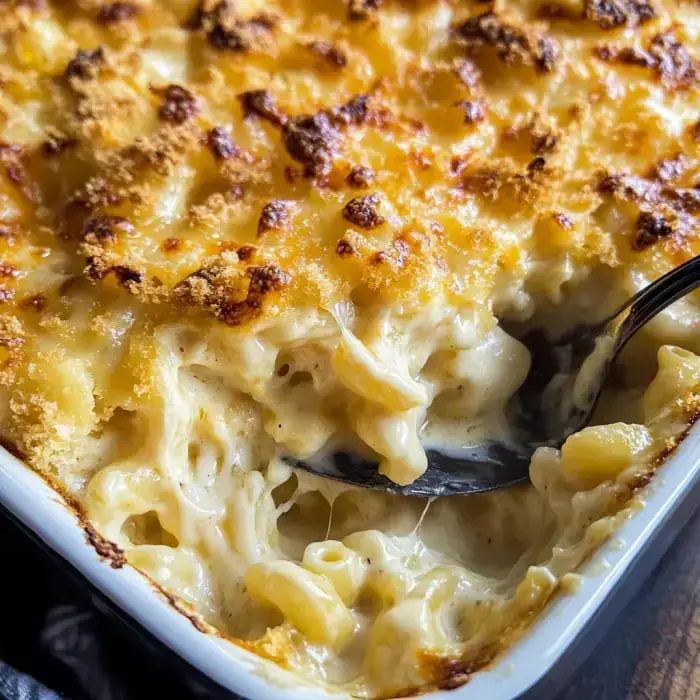 A close-up of a baked macaroni and cheese dish, showing a golden, crispy top and creamy pasta underneath.