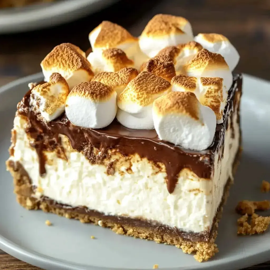 A slice of chocolate and marshmallow cheesecake on a grey plate, featuring a toasted marshmallow topping and a crumbly crust.