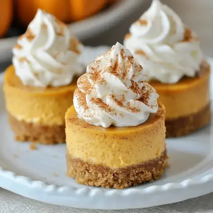 Three mini pumpkin cheesecake desserts with whipped cream and a sprinkle of cinnamon are arranged on a white plate.