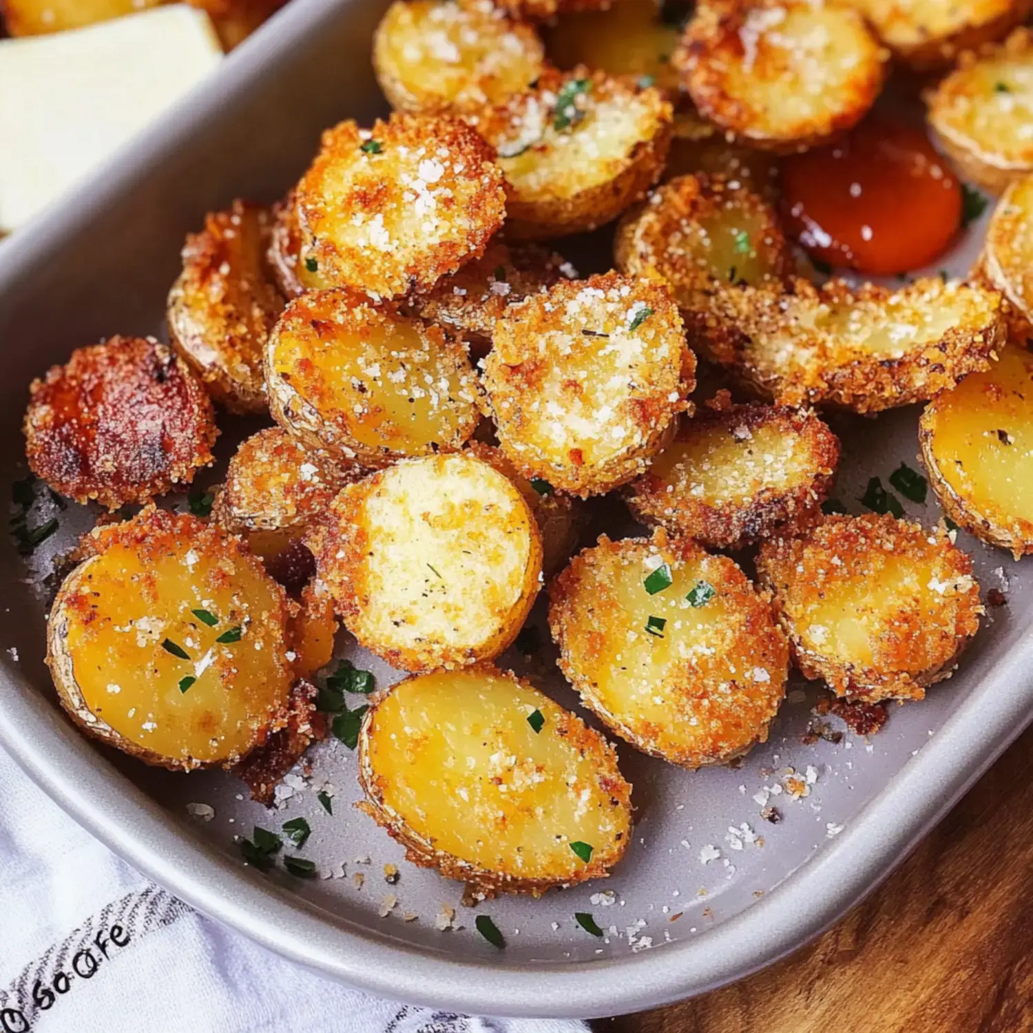 A tray of golden, crispy potato halves, coated in breadcrumbs and garnished with parsley, sits on a wooden surface.