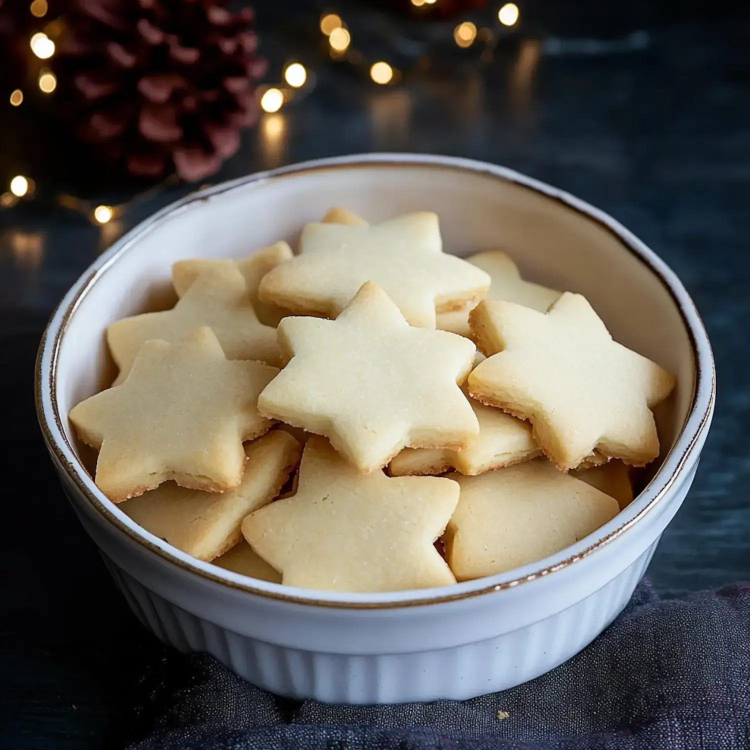 A white bowl filled with star-shaped cookies sits against a dark background, with soft lights and pine cones in the backdrop.