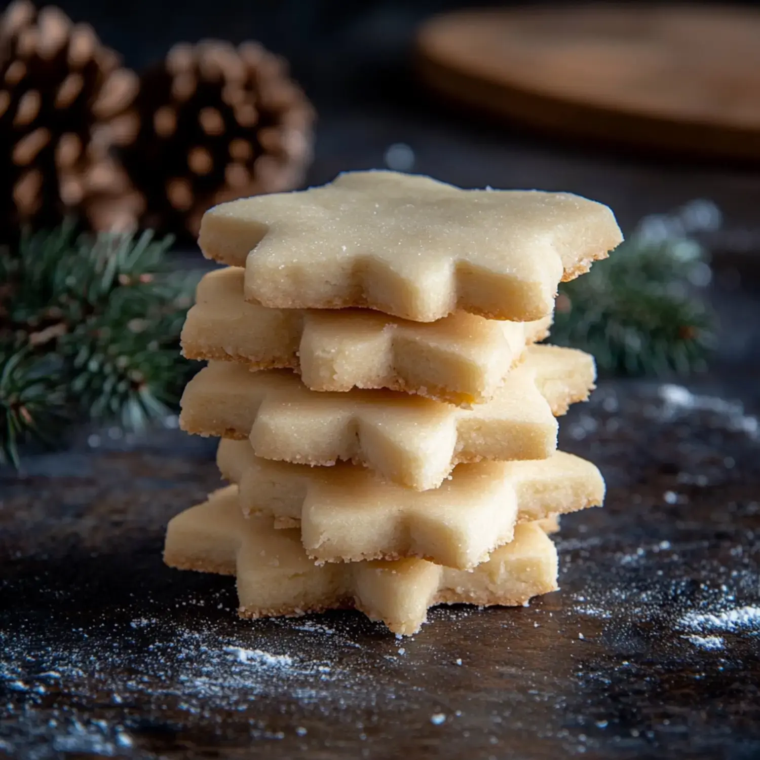 A stack of star-shaped cookies is displayed on a wooden surface, with pinecones and greenery in the background.