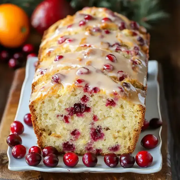 A loaf of cranberry bread topped with a glaze, surrounded by fresh cranberries and citrus fruits.