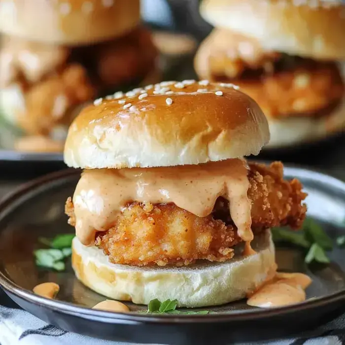 A close-up of a crispy fried chicken sandwich topped with a creamy sauce, served on a toasted sesame seed bun.