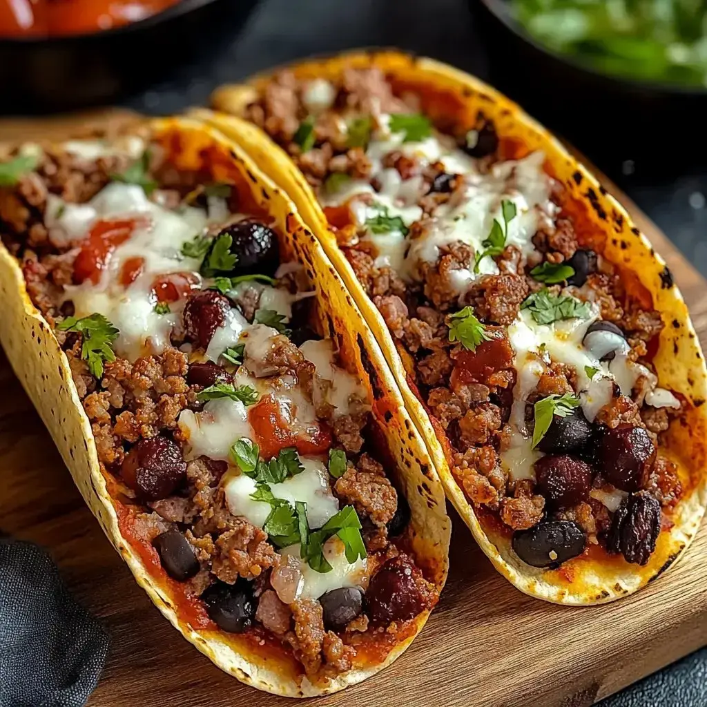 Two loaded tacos filled with seasoned ground meat, black beans, cheese, and fresh cilantro, served on a wooden board.