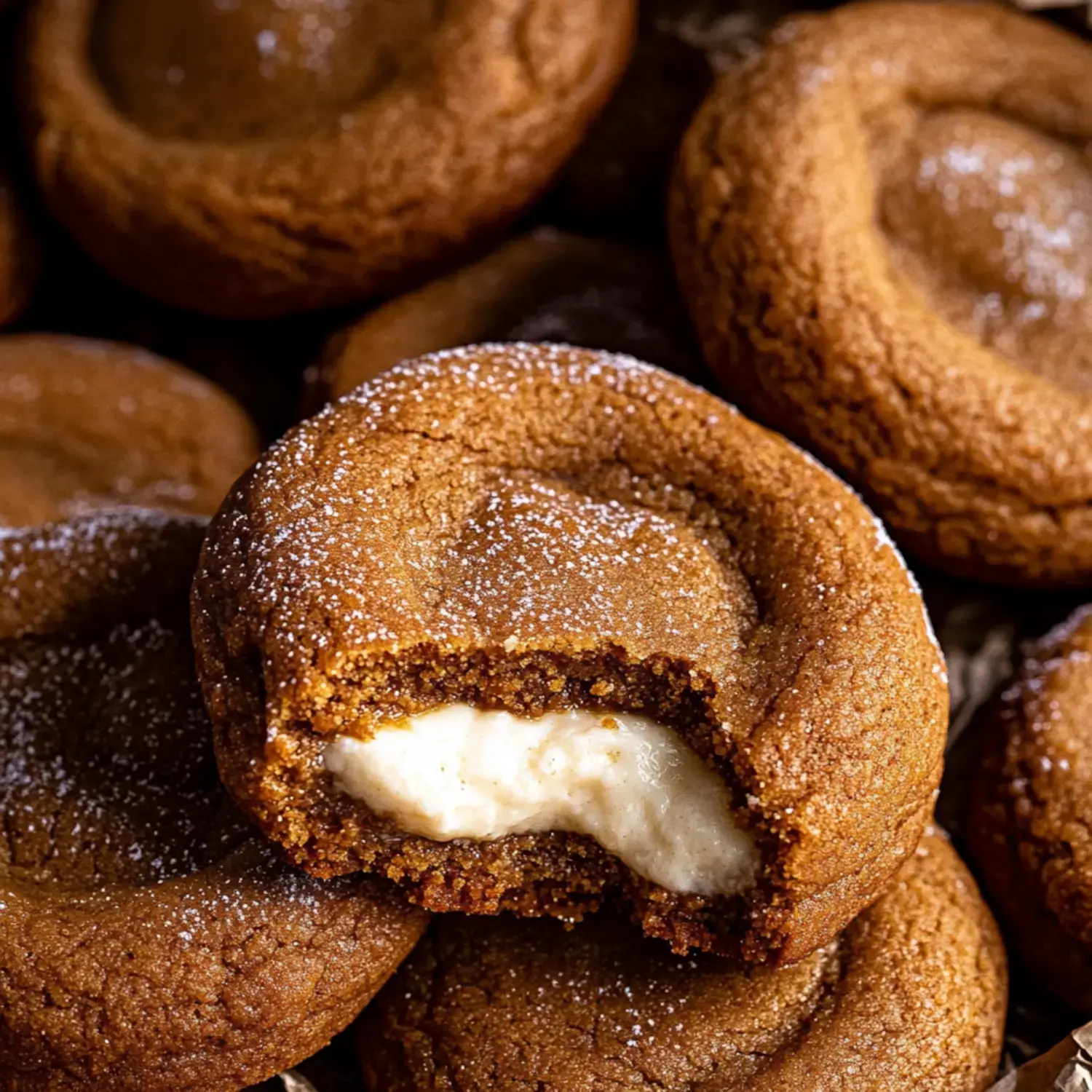 A close-up of a chocolate cookie with a bite taken out, revealing a creamy filling inside, surrounded by other similar cookies.