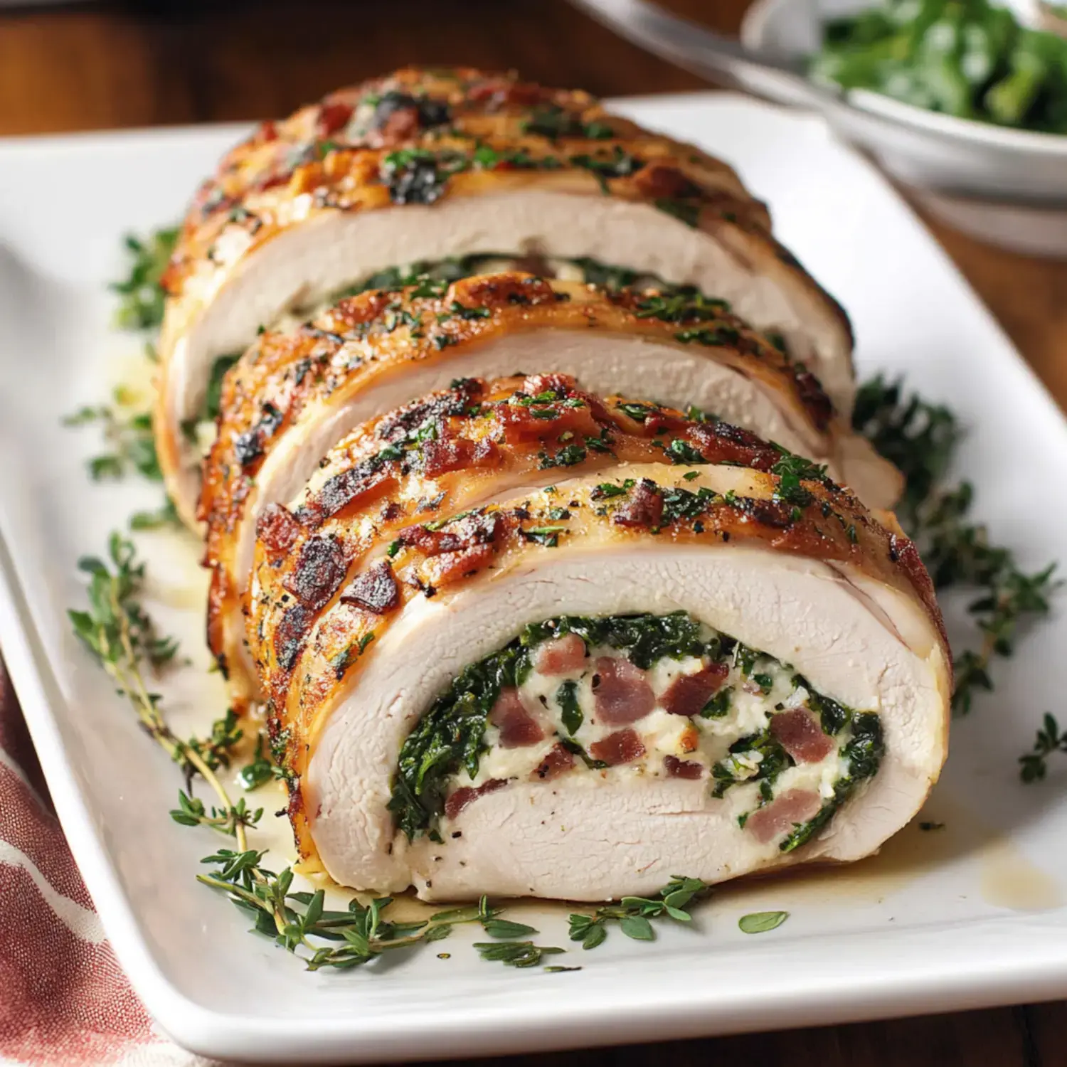 A sliced roll of stuffed chicken breast with spinach, bacon, and herbs displayed on a white platter.