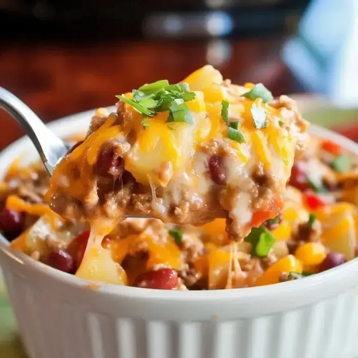 A spoonful of cheesy casserole topped with herbs and containing ground beef, beans, and diced vegetables is being lifted from a white dish.