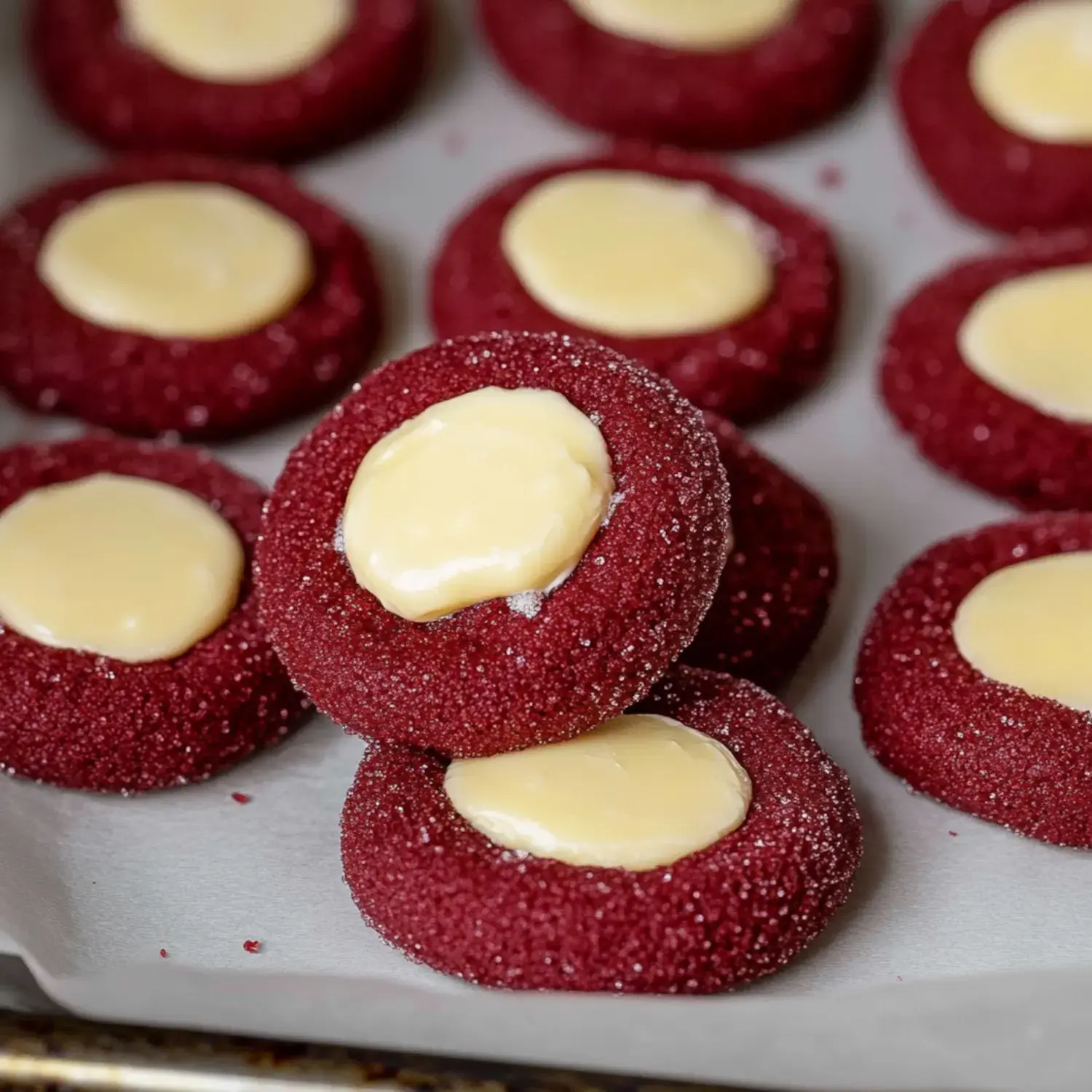 A close-up of red velvet cookies topped with a dollop of creamy frosting on a baking tray lined with parchment paper.