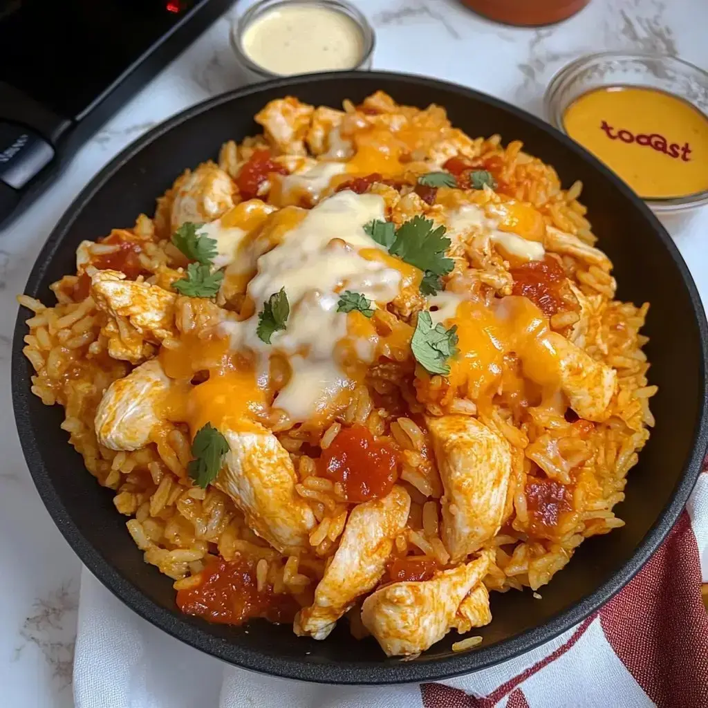 A black bowl filled with cheesy chicken and rice, garnished with cilantro and accompanied by sauces.