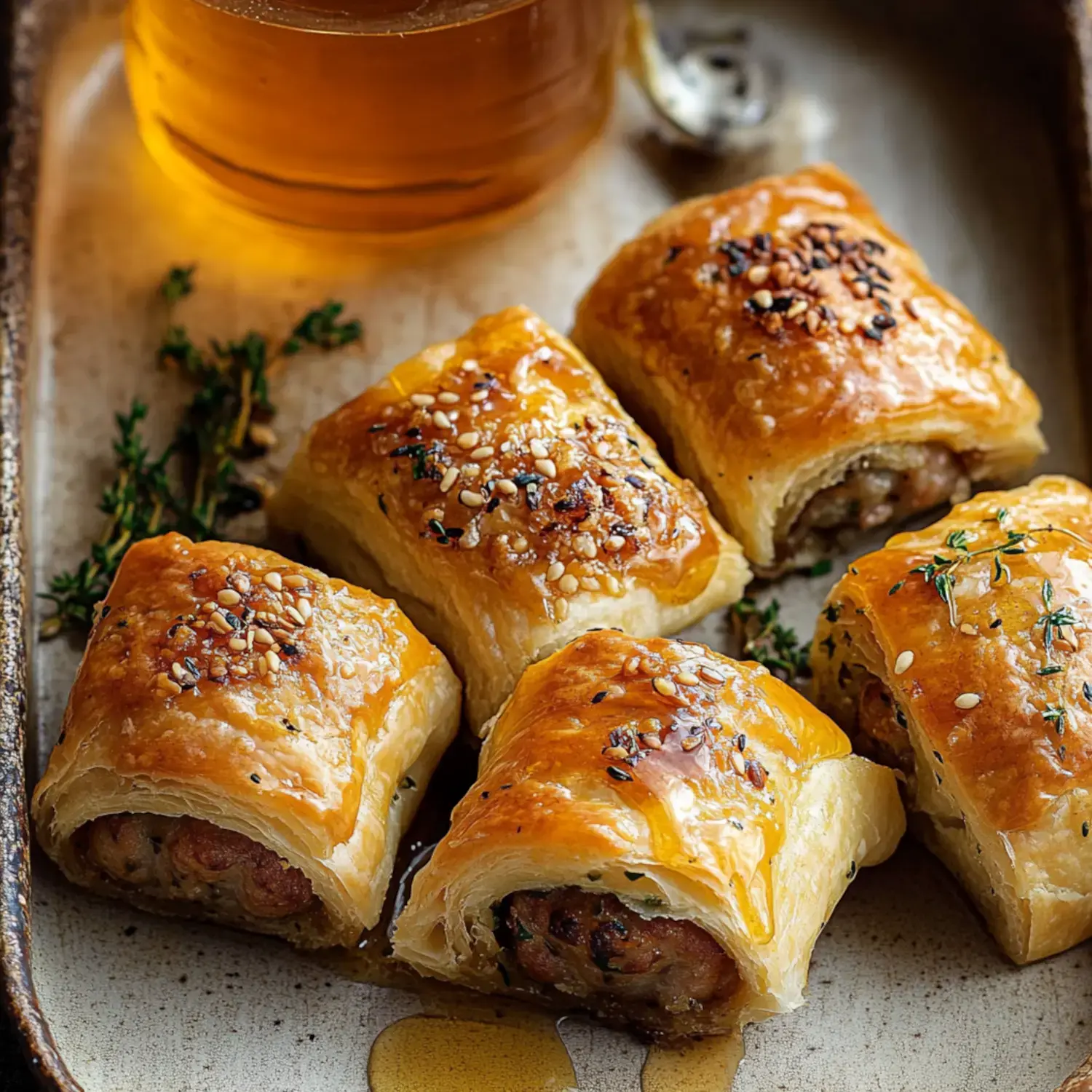 A tray of golden-brown puff pastry rolls filled with meat, garnished with sesame seeds and thyme, alongside a jar of honey.