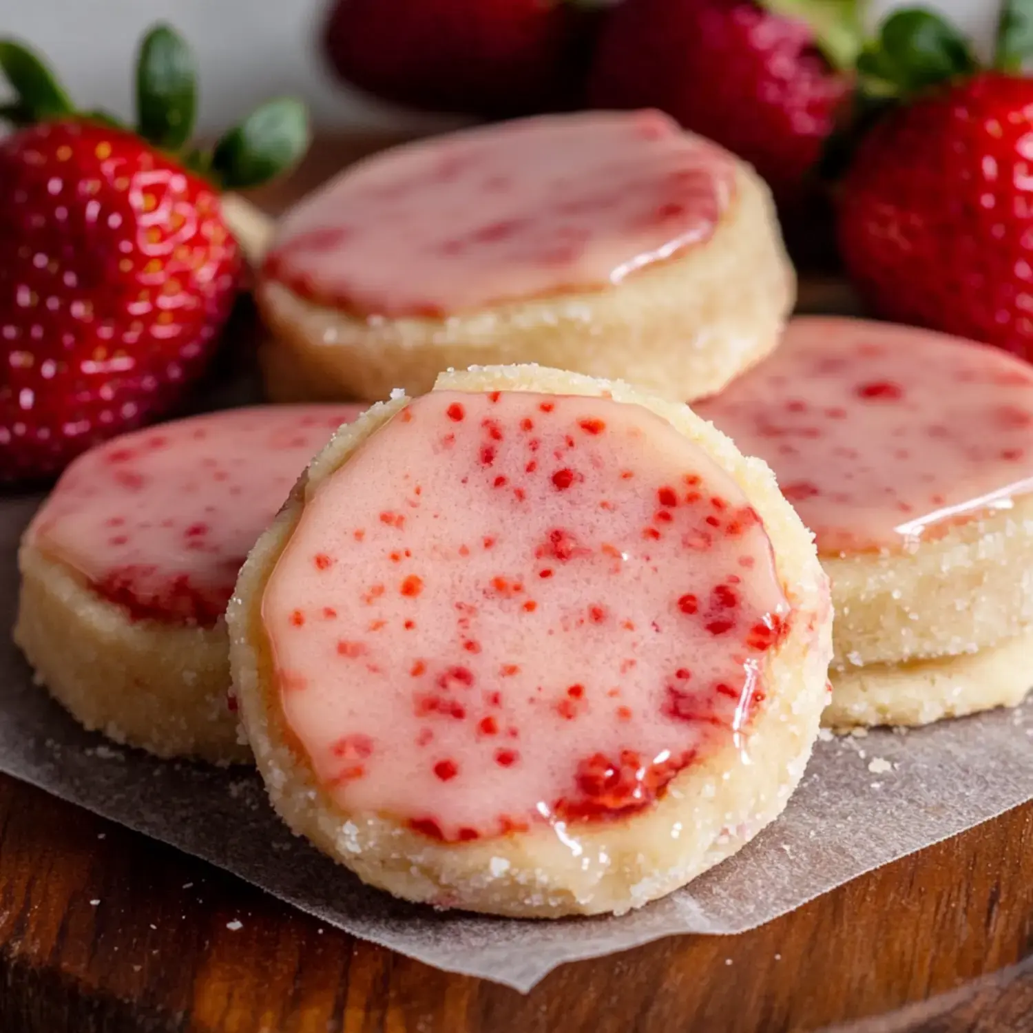 A close-up of round cookies topped with a glossy strawberry glaze, surrounded by fresh strawberries on a wooden surface.