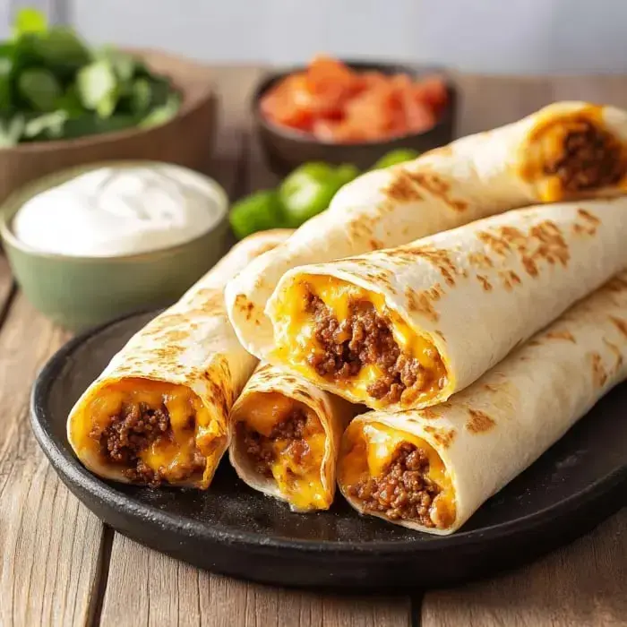 A plate of rolled tortillas filled with ground beef and melted cheese, accompanied by bowls of sour cream, diced tomatoes, and fresh greens.