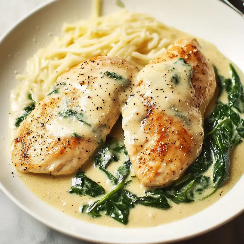 A plate of creamy spinach chicken served with pasta, featuring two seasoned chicken breasts topped with a white sauce and accompanied by spinach.