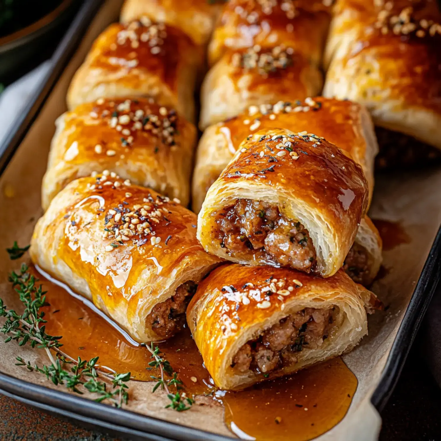 A close-up of golden-brown sausage rolls drizzled with sauce and topped with sesame seeds, served on a tray with fresh thyme.