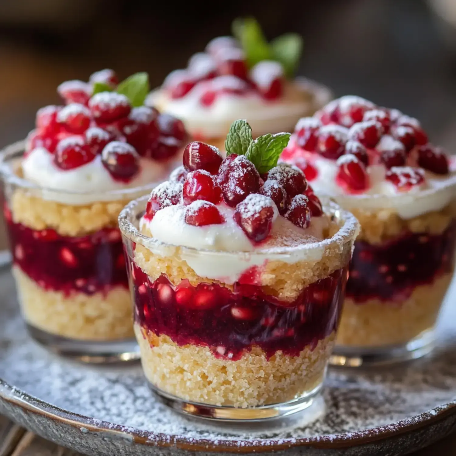 Four individual dessert cups layered with sponge cake, berry jelly, whipped cream, and topped with pomegranate seeds and mint leaves.