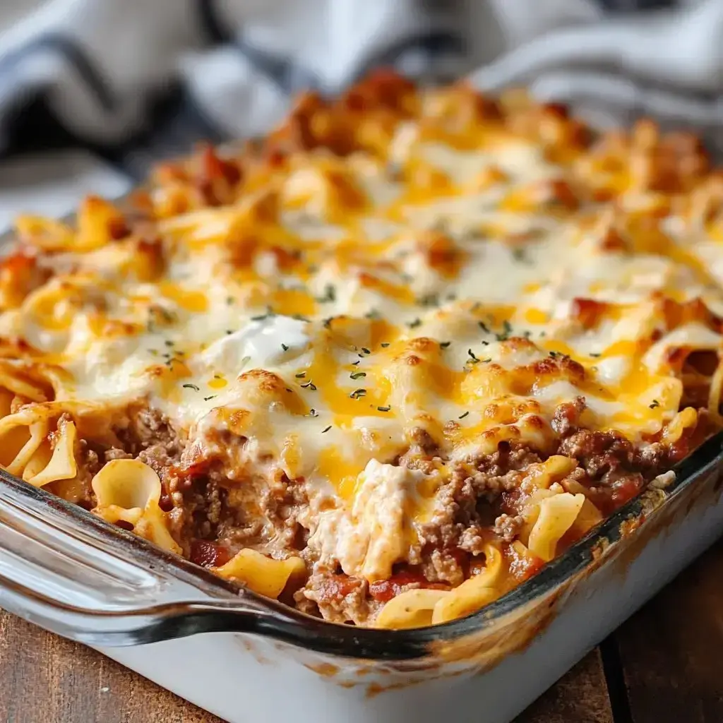 A delicious baked pasta dish with layers of ground beef, noodles, marinara sauce, and melted cheese in a glass casserole dish.