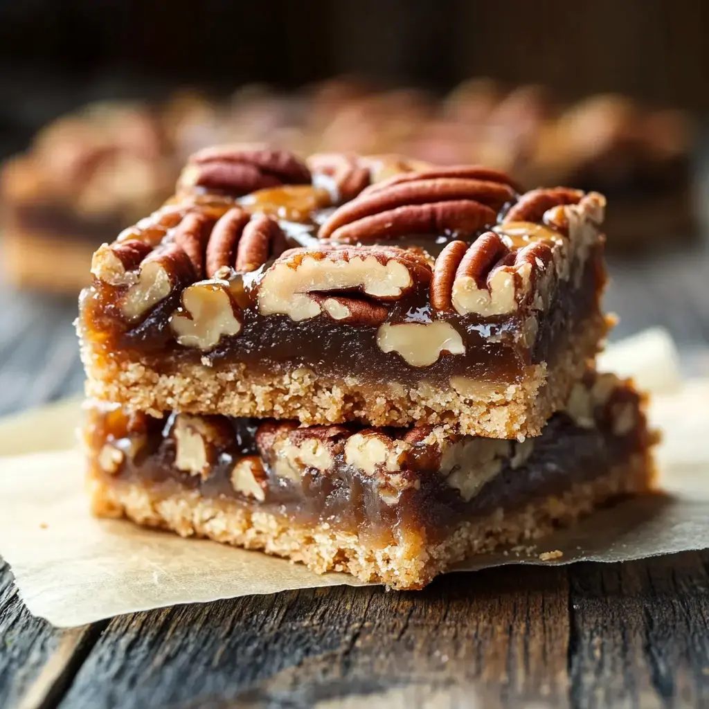 A close-up of two stacked pecan bars with a shiny caramel layer and whole pecans on top, resting on parchment paper.