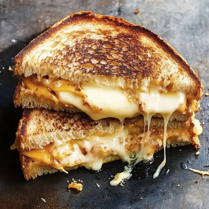 A close-up of a toasted grilled cheese sandwich, oozing melted cheese between two crispy slices of bread.