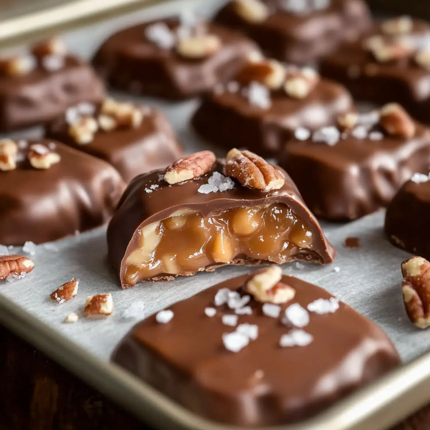 A close-up of chocolate-covered caramel candies, one cut in half to reveal the gooey filling, sprinkled with sea salt and topped with pecans.