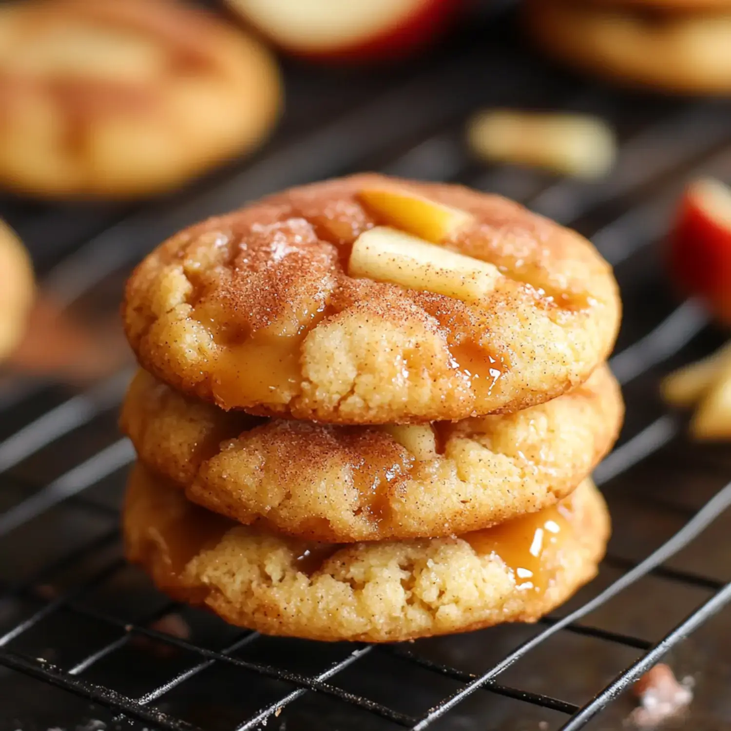 A stack of three caramel apple cookies is placed on a wire rack, with pieces of apple visible on top.