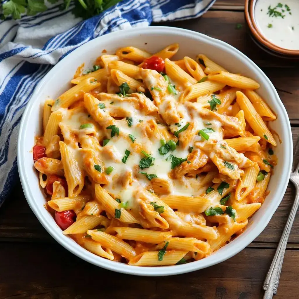 A bowl of creamy pasta with penne noodles, shredded chicken, cherry tomatoes, and sprinkled parsley, accompanied by a small dish of sauce.